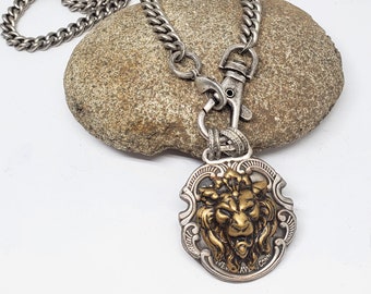 Lion Head Medallion Necklace - Repurposed Winchester Watch Fob with Lion Head Embellishment Mixed Metal Necklace - Chunky Statement Piece