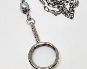 Magnifying Glass Pendant Gray Freshwater Style Pearl Long Silver Necklace - Boho Style Antique Silver Pearl Beaded Long Necklace