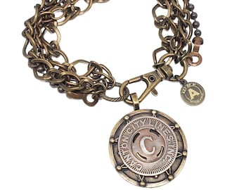 Coin Bracelet - Initial C - Canton City Ohio Transit Token Multi-Chain Bracelet - Brass & Copper Coin Bracelet - Personalized Letter Jewelry