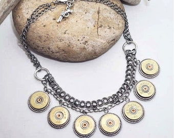 Bullet Jewelry - Stunning 20 Gauge Shotshell Double Chain Bib Necklace - BEST SELLER! - Bullet Necklaces from SureShot Jewelry