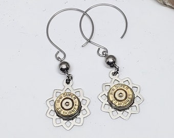 Bullet Earrings - Bullet Jewelry - Petite Openwork Round Stainless Filigree Small Caliber Bullet Earrings -  Gifts Under 20 - Ammo Earrings