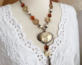 Upcycled Taxi Driver Badge & Amusement Token Necklace - Quincy Illinois - 1961 - Vintage Topaz Crystal and Creamy Pearl Statement Necklace