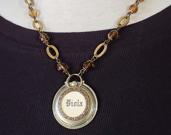 Vintage Inspired - Organ Stop Necklace - VIOLA - Violin / Musician - Brass and Golden Beaded Medallion Necklace - Piano Key Jewelry