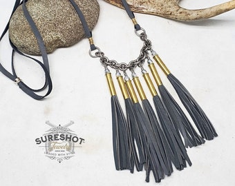 Bullet Jewelry - Fringe Necklace - Tassel Jewelry - .22 WMR (Magnum) Beaded Gray Leather Fringe or Tassel Adjustable Bullet Necklace