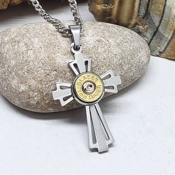 Men's Bullet Jewelry - Men's Necklaces - 9mm Bullet Cross Necklace - Stainless Steel Jewelry for Men - Necklace for Man - Gift for Guy