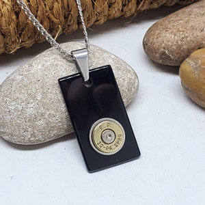 Men&#39;s Necklaces - Black Onyx Rectangle Tag Stainless Steel Bullet Necklace - Bullet Jewelry for Men - Dog Tag Necklace - Gift for Guy