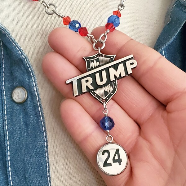 Trump 2024 Necklace - MAGA - America Theme - Vintage TRUMP Brand Guitar Badge Red White & Blue Beaded Necklace - Patriotic Jewelry