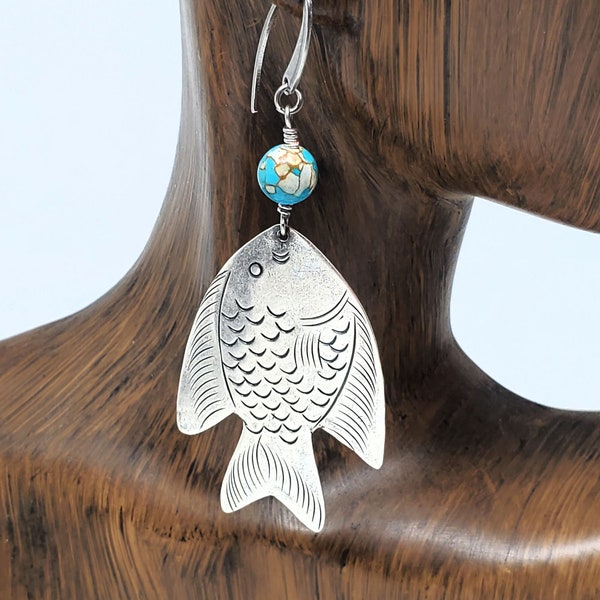 Fishing Jewelry - Fish Earrings - BEST SELLER - Hand Etched Silver Fish Dangle Earrings - Turquoise Beadwork - Boho Style - Aquatic - Marine