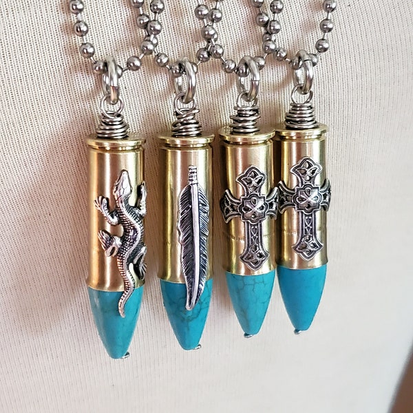 Turquoise Jewelry - Bullet Necklace - Bullet Jewelry - Crucifix, Feather, Lizard, Fleur de Lis Embellished Colt 45 Casing Turquoise Necklace