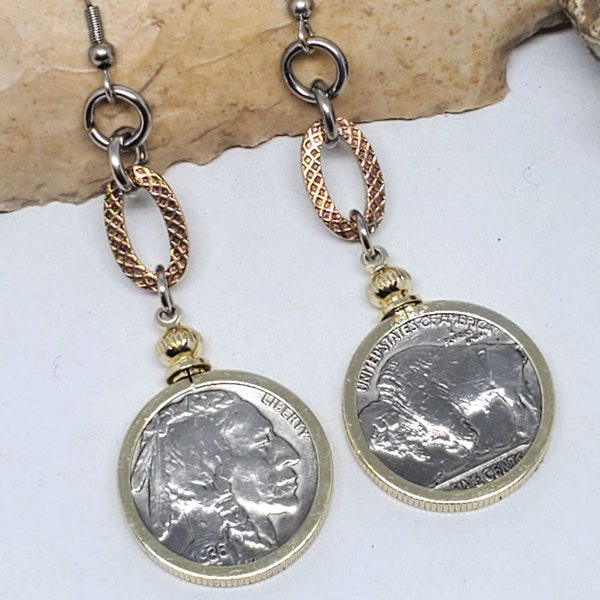 Coin Jewelry - Coin Earrings - BEST SELLER - Boho Style Mixed Metal Buffalo Nickel Dangle Earrings - Southwest Style - Indian Head Nickel