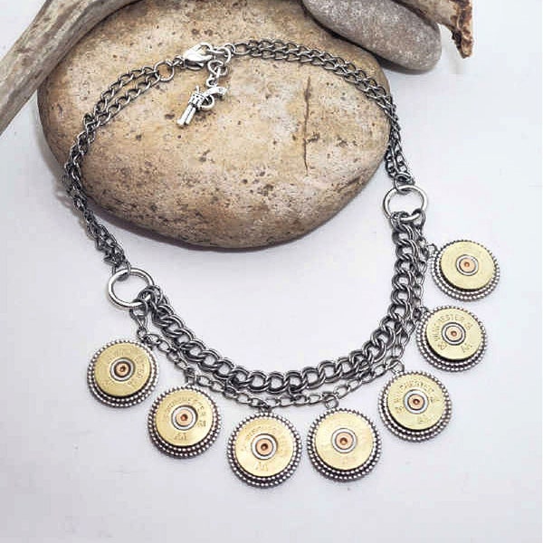 Bullet Jewelry - Stunning 20 Gauge Shotshell Double Chain Bib Necklace - BEST SELLER! - Bullet Necklaces from SureShot Jewelry