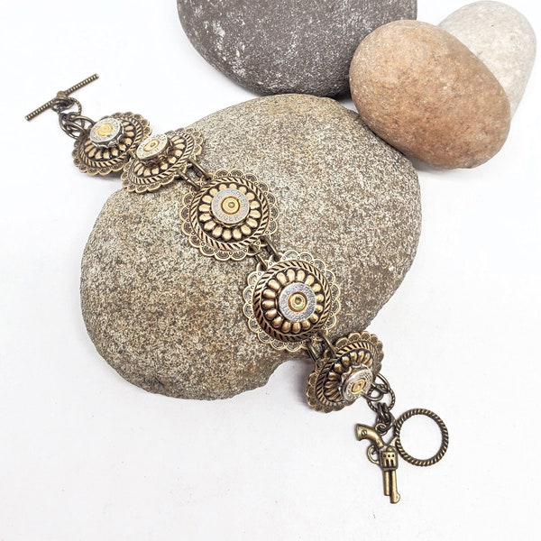 Concho Bracelet - Bullet Bracelet - Antique Brass Concho 9mm Bullet Bracelet - Western Jewelry - Bullet Jewelry - SureShot Jewelry