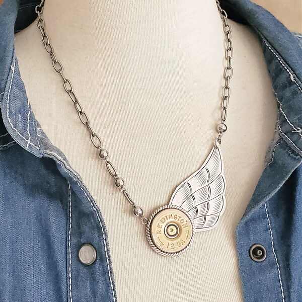 Bullet Jewelry - Winged Necklace - Asymmetrical 12 Gauge Shotshell Wing Necklace - SureShot Jewelry - Bullet Necklace