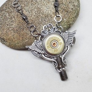 Winged Jewelry Bullet Jewelry Steampunk Style Necklace 20 Gauge Shotshell Winged Skeleton Key Necklace Biker Girl Ammo Jewelry image 2