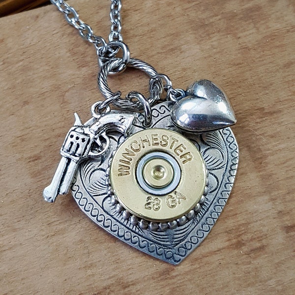 Bullet Jewelry - Heart Necklace - Shot Thru the Heart 28 Gauge Bullet Necklace - BEST SELLER - Love -Heart Pendant - Shot to the Heart