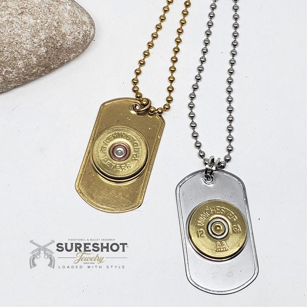 Dog Tag Necklace - 12 Gauge Shotshell Military Style Dog Tag Jewelry - Bullet Jewelry - Gift for Guy - Unisex Necklace - SureShot Jewelry