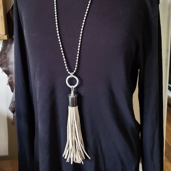 Tassel Necklace - Silver 12 Gauge Shotshell  Leather Tassel Necklace - Tassel Jewelry - Available in SIX Colors! - Wear it Long or Short