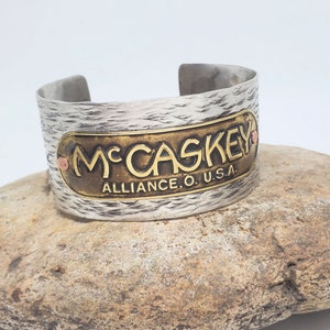 McCaskey Brass Plate Vintage Upcycled Cuff Bracelet - Antique Silver Industrial Style Jewelry - Accountant Gift - Repurposed Design Bracelet