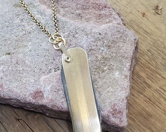 Vintage Pocketknife Necklace, Upcycled Knife Pendant, Long Antique Brass Chain, Gold Tone Layering Jewelry