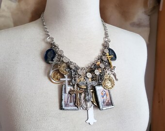 Upcycled Religious Theme Assemblage Necklace - Crosses, Religious Medals, Mixed Metal Multi-Charm Repurposed Statement Necklace