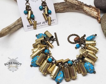 Bullet Jewelry - Bullet Bracelet - Turquoise Beaded Brass Loaded Charm Bracelet - 9mm 22 Cal Bullet Casing Charm Bracelet - Southwest Style