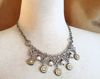 Bullet Jewelry - Statement Jewelry - Diamond and Pearl Bib Style Bridal Necklace - Rustic Wedding - Necklace for Bride - Cowgirl Bride