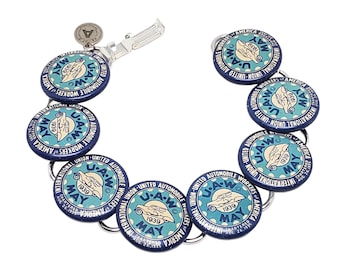 Button Jewelry - May Birthday - United Auto Workers - Upcycled MAY 1939 UAW Pinbacks Bracelet - Blue and Silver - Car Lovers - Union