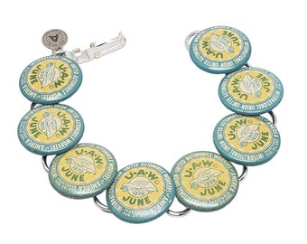 Button Jewelry - JUNE Birthday - United Auto Workers - Upcycled JUNE 1939 UAW Pinbacks Bracelet - Aqua & Yellow - Car Lovers - Union