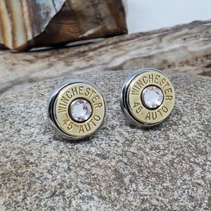 Bullet Jewelry - Bullet Studs - 45 Auto Bullet Earrings - Brass or Nickel Casings - BEST QUALITY! - ALL Crystal Color Choices
