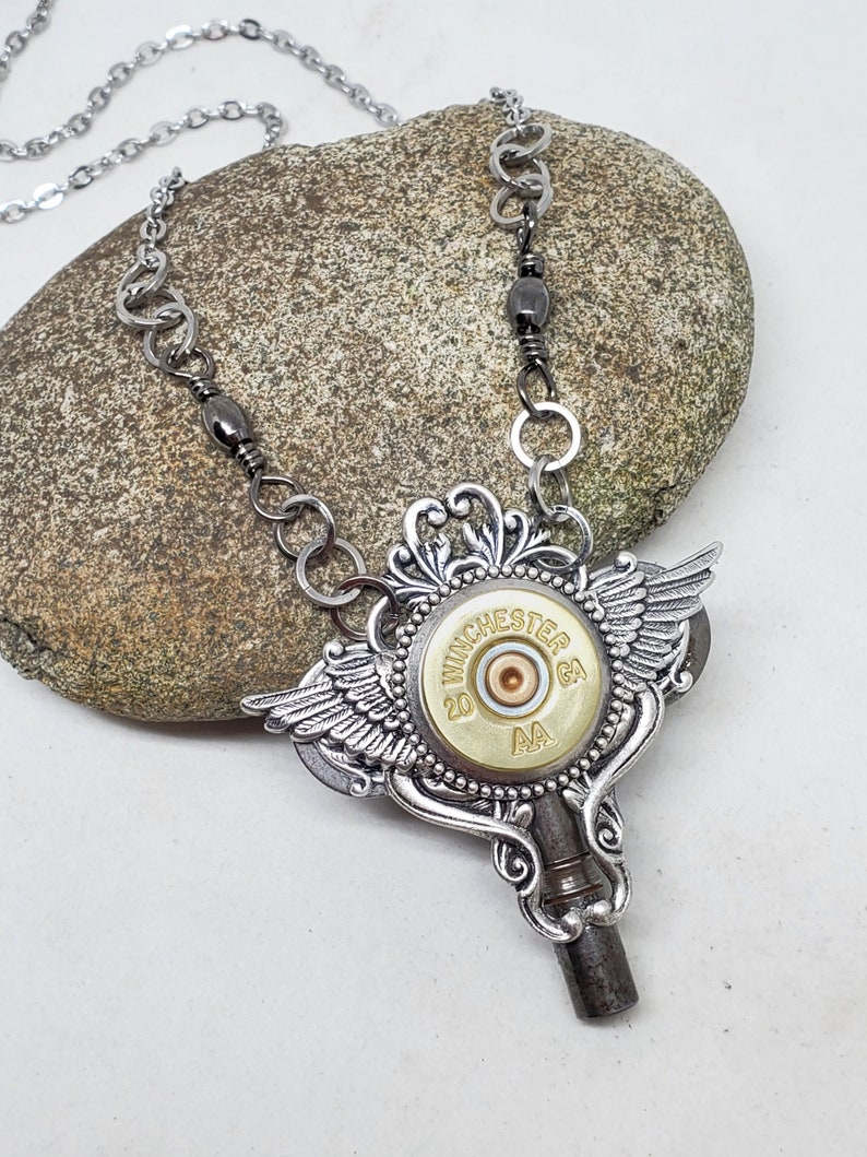 Winged Jewelry Bullet Jewelry Steampunk Style Necklace 20 Gauge Shotshell Winged Skeleton Key Necklace Biker Girl Ammo Jewelry image 2