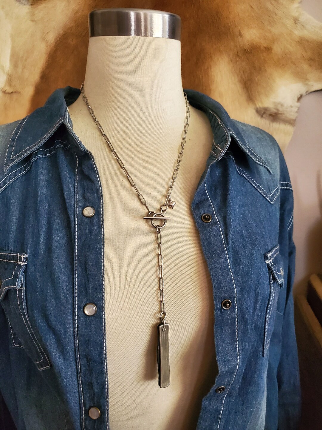 Pocket Knife Necklace Paperclip Chain Y Style Toggle Necklace Vintage