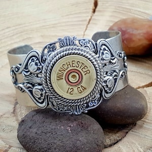 Bullet Jewelry - Shotgun Casing Jewelry - 12 Gauge Bullet Cuff Bracelet - Antique Silver Filigree - SureShot Statement Bullet Bracelet