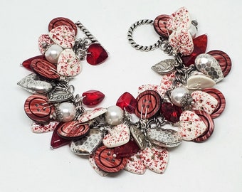 Gift for MOM - Button Jewelry - Valentine's Day - LOVE - Heart Jewelry - Loaded Button, Crystal Hearts, Pearls Loaded Charm Bracelet