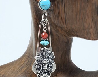 Southwest Indian Head Turquoise & Carnelian Upcycled Laundry Pin Post/Dangle Earrings