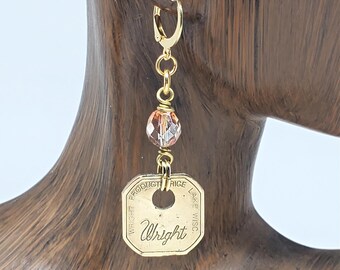 Upcycled Vintage Key Earrings, Wright Brand Brass Key Jewelry, Pink Peach Glass Bead Earrings, Gold Leverback Earrings, Unique Gift for Her