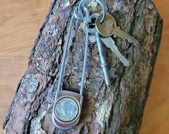Genuine Buffalo Nickel Coin Jumbo Safety Pin Keyring or Key Chain, Camping Tool, Zipper Pull, Hair Barrette, Hunting Gift - Coin Accessories