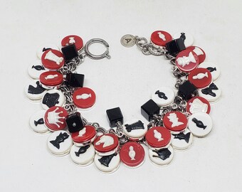 Chess Bracelet - Repurposed Travel Chess Game Pieces Charm Bracelet - Red, Black & White Recycled Jewelry for Chess Lovers - Upcycled Art