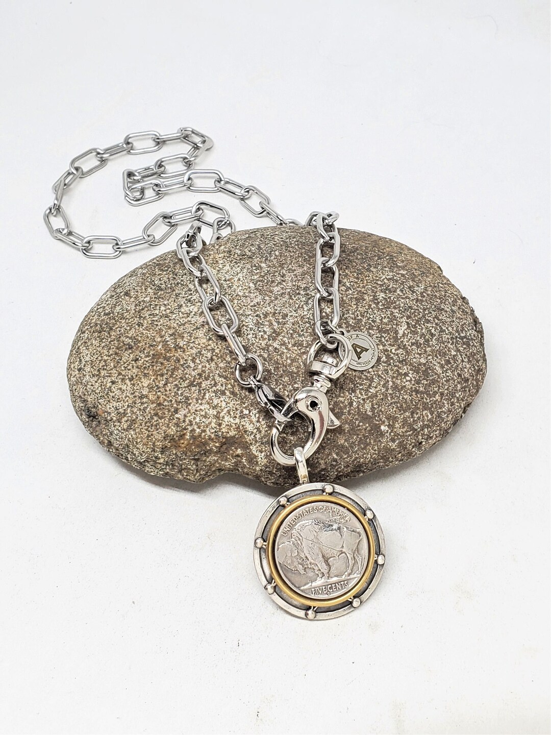 SILVER OVERSIZED BUFFALO NICKEL ON GOLD CHAIN NECKLACE main image 0