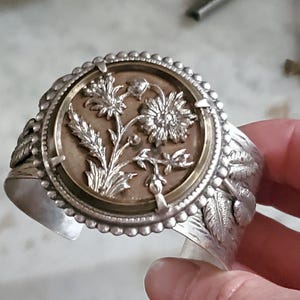 Upcycled Large Vintage Floral Picture Button Metal Cuff Bracelet - Floral Cuff - Antique Silver Flower & Leaf Theme Antique Button Bracelet