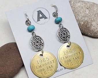 Upcycled Dog License Tag Earrings - Brass & Turquoise Elmhurst Illinois Dog Tag Earrings - 1965 - Gold Disc Earrings