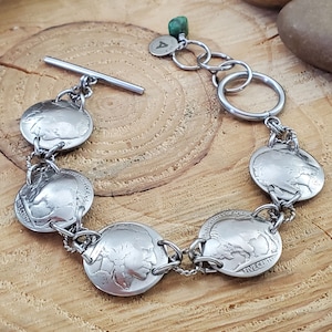 Pulseira Buffalo Nickel Coin | Joias Indian Head Nickel | Pulseira com pingente estilo Boho do sudoeste ocidental, presente para ela - Pulseira Silver Coin