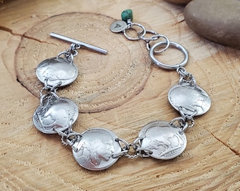 Pulsera de níquel con moneda de búfalo / Joyería de níquel con cabeza de indio / Pulsera con dijes estilo bohemio del suroeste - Regalo para ella - Pulsera con moneda de plata