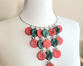 Red & Green Vintage Button Bib Style Silver Neck Wire Necklace - Holiday Jewelry for Her -Jingle Bell  Button Necklace - Statement Jewelry