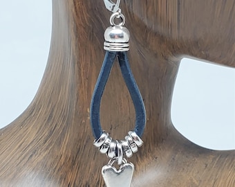 Heart Earrings - Heart Jewelry - Navy Blue Leather Teardrop and Silver Heart Charms Dangle Earrings - Leather Jewelry - Love - Western Style