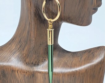 Upcycled Knitting Needle Earrings - Gold Hoop Earrings - Bullet and Knitting Needle Accessories - Fiber Arts Jewelry - Green Spike Dangles