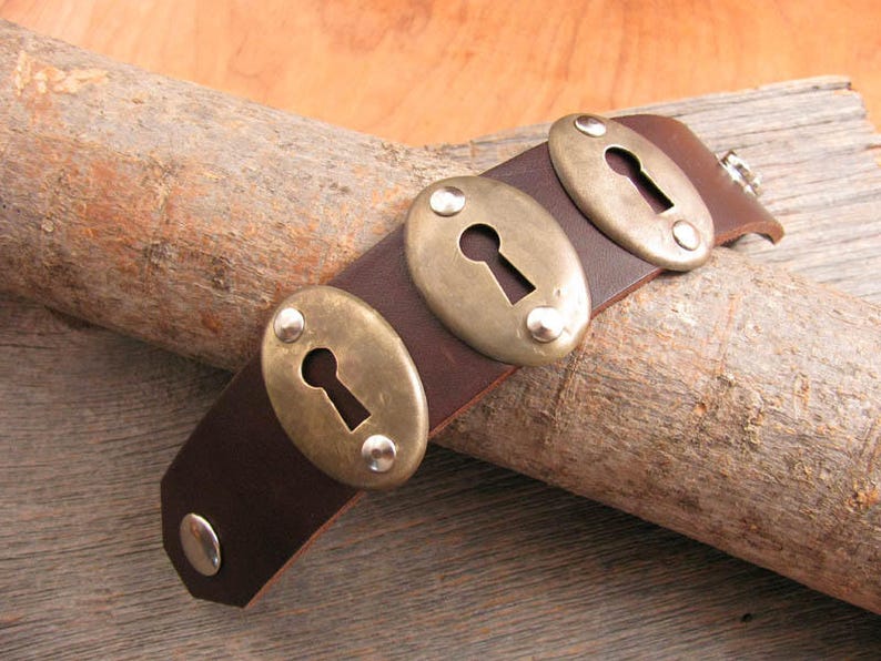 SPECIAL 20/% OFF Repurposed Door Hardware Boho Style Leather Cuff Bracelet Triple Vintage Keyhole Escutcheon Brown Cuff Bracelet