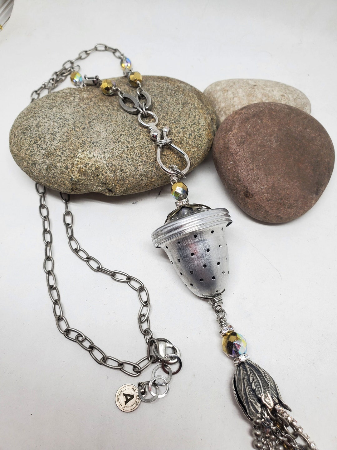 Upcycled Tea Infuser Tassel Necklace Essential Oil Holder Repurposed