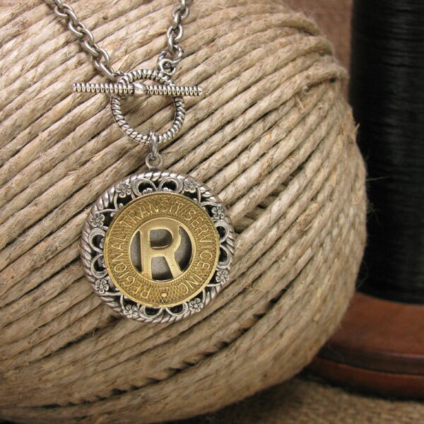 Transit Token Jewelry - Genuine Rochester New York Transit Token Medallion Toggle Clasp Necklace - Initial R
