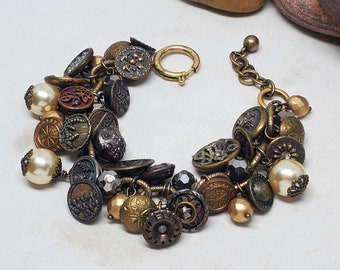 Button Jewelry - Vintage Picture Button Bracelet - Over 22 Small Detailed Metal Buttons, Gold, Gun Metal & Pearl Bead Button Bracelet