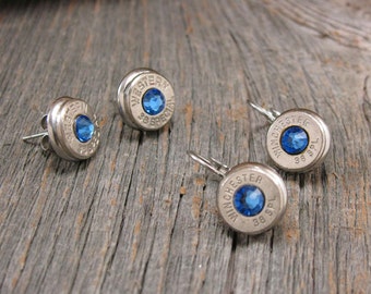 Bullet Jewelry - Bullet Studs - SEPTEMBER Birthday - SUPERIOR QUALITY Stainless Steel Bullet Casing Studs or Leverbacks - Sapphire - Blue